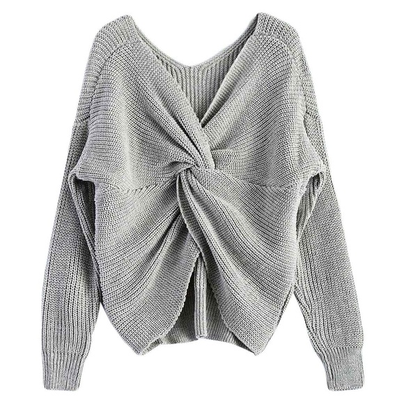 ⬇️ $49 Gray V Neck Twisted Knot Back Sweater Gray - Picture 2 of 8